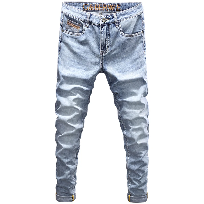 Korean Style Fashion Men Jeans High Quality Retro Light Blue Elastic Slim Fit Embroidery Designer Jeans Men Vintage Denim Pants