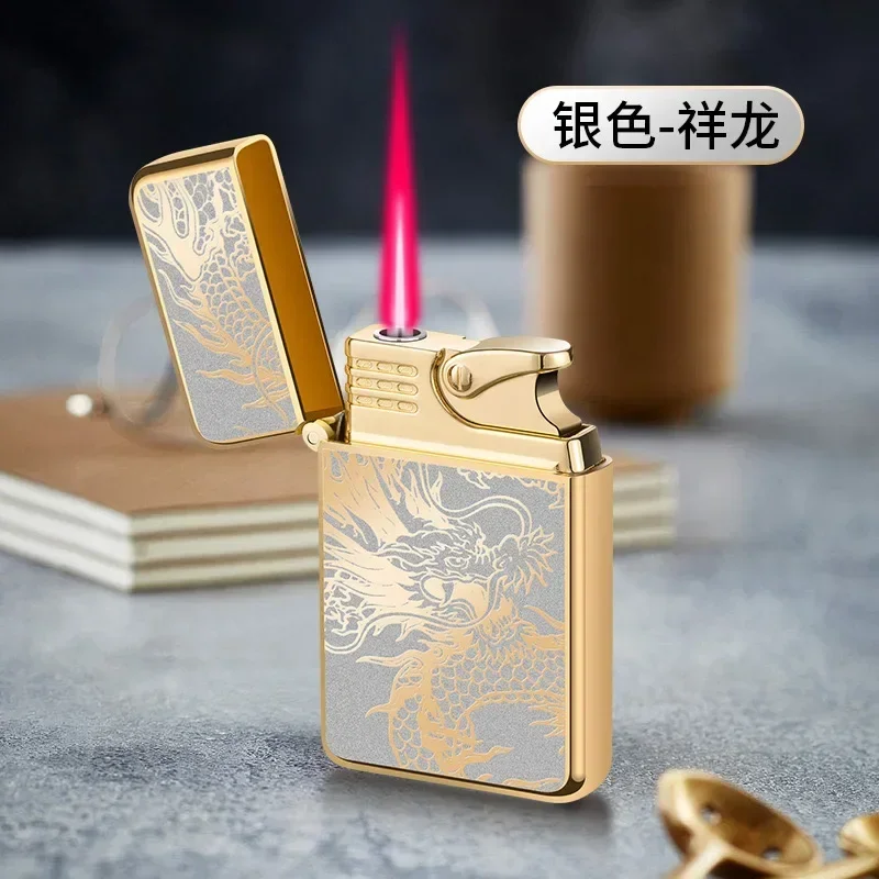 Red Jet Flame Luminous Inflatable Butane Gas Lighter Windproof Strong Powerful Cigar Torch Lighter for Smokers Gift