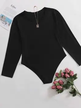 Women's Plus Size Ribbed Long Sleeve Bodysuit, Casual Lettuce Trim Crew Neck Top, Slim Fit Basic Black Bodysuit For Ladies