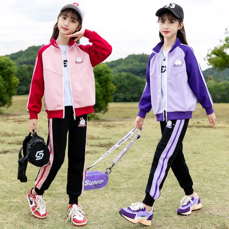 

Spring and Autumn Patchwork Sports Children's Sets 4-16Y Girls Zipper Jacket Casual Pants Two Piece Set