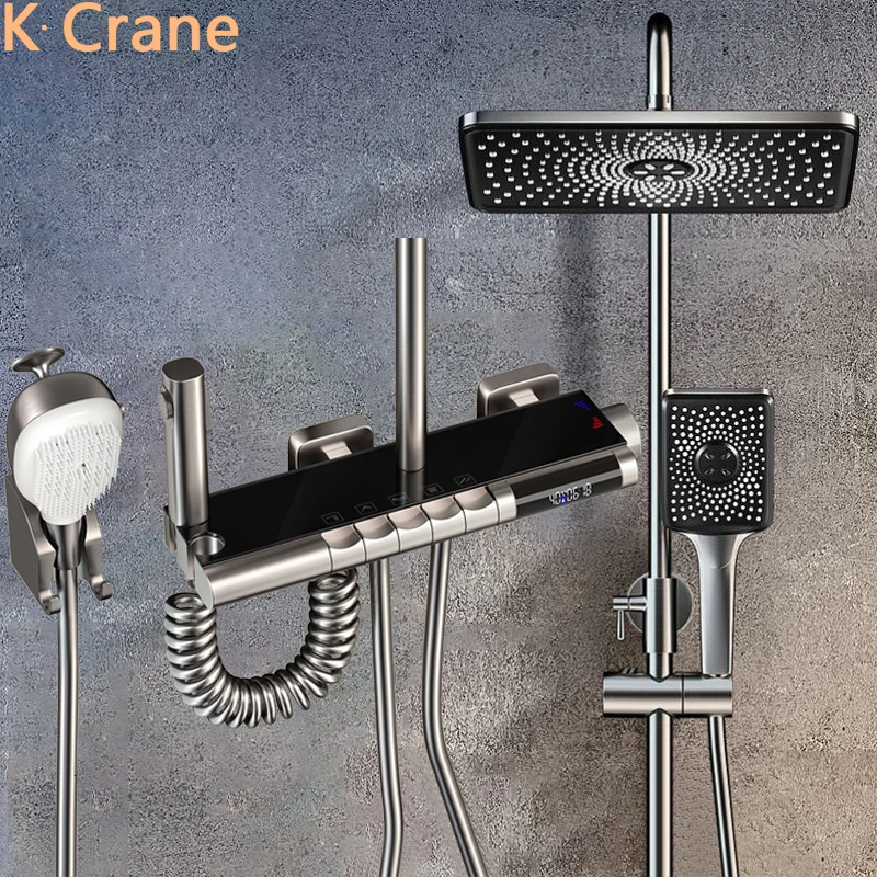 LED Digital Rain Shower Mixer Set Bathroom Hot Cold Thermostatic Shower