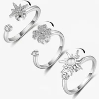 Anti Stress Anxiety Rotatable 925 Silver Zircon Flower Butterfly Opening Ring Women Spinner Fidget Gold Color Fashion Jewelry 2