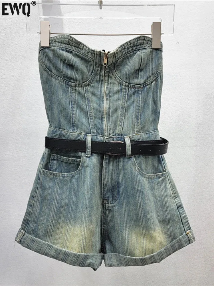 

[EWQ] Korean Style Strapless Zippered Denim Jumpsuit Street Fashion Casual A-line Wide Leg Shorts Women 2024 Spring Summer U7621