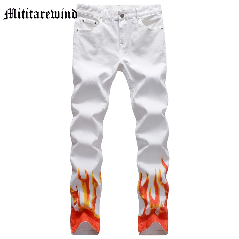 

Hip Hop Flame Print Leg Men's Jeans High Street Fashion Male Slim Denim Pants White Four Seasons Versatile Casual Y2k Trousers