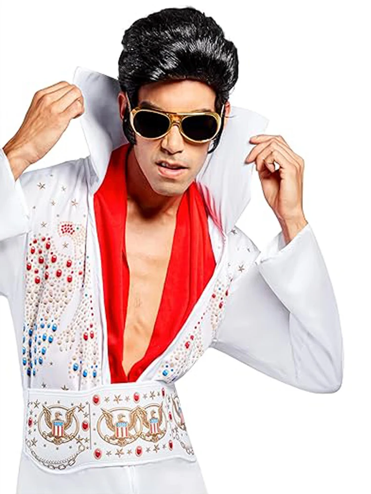 Men's 1950s Disco Party Accessory Set - Black Wig, Glasses, Necklace, and Wig Cap