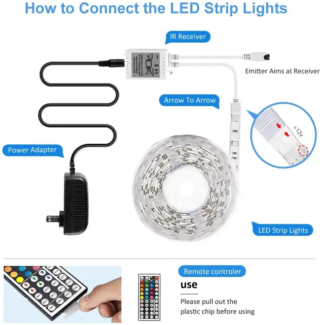 DAYBETTER (2rd Gen) SMD 5050 Remote Control Led Strip Lights 50ft Color  Changing with 44Keys Remote Controller and 12V Power Supply for Bedroom –  Daybetter