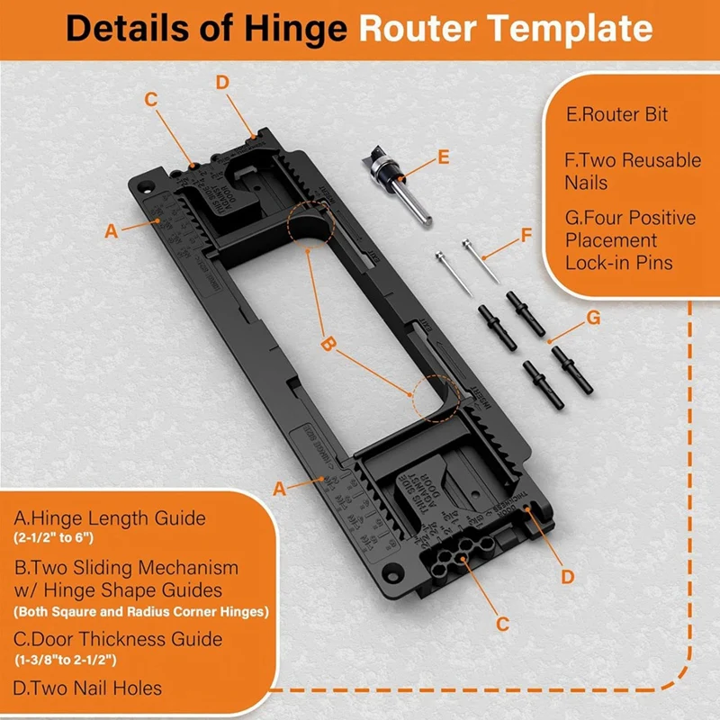 AB47-Door Hinge Jig, Door Hinge Template With 8 Sizes From 2-1/2In To 6In And 5 Door Thickness From 1-3/8In To 2-1/2In