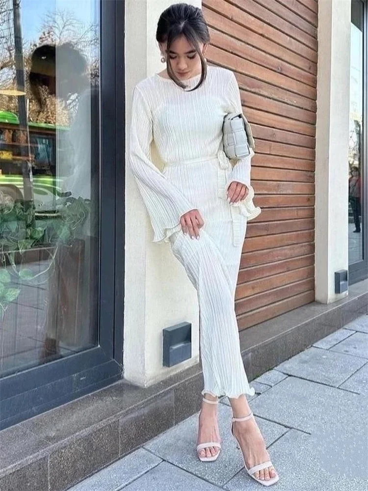 Vestido largo acanalado con volantes y cordones para mujer, manga larga, cintura alta, elegante, para fiesta, otoño, estilo vendaje