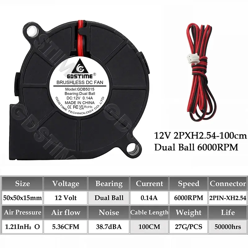 Gdstime 5015 Blower Fan 24V 12V 5V 50MMx15MM Turbine Radial Fan 5015 Dual Ball High Speed Cooler for 3D Printer Parts Cooling image 16