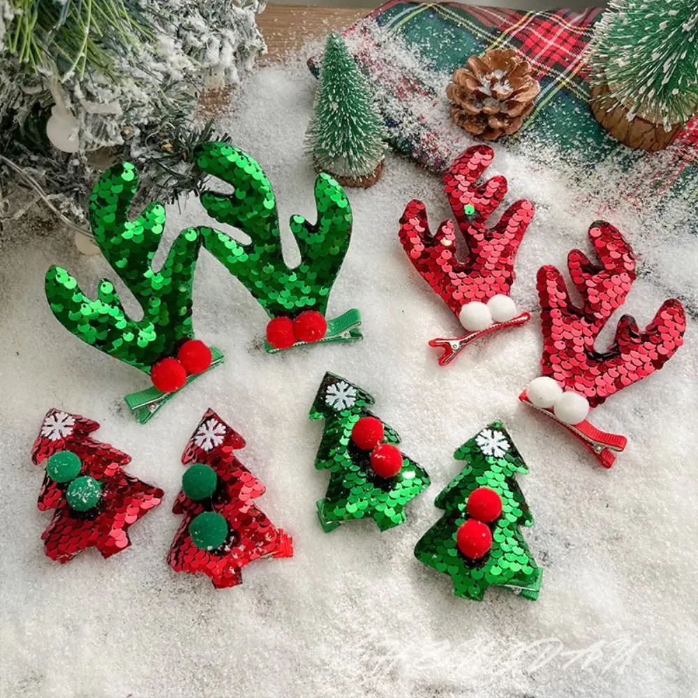 Merry Christmas Decor Christmas Hairpin Sequin Deer Horn Children Antler Hair Clip Christmas Tree Plush Duckbill Clip Children's