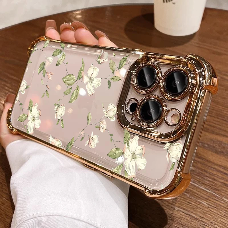 Elegant Flower Print Shockproof Phone Case - Clear Silicone with Plating Finish