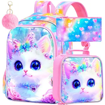 3Pcs Cat Backpack for School, 16" Girls Backpacks Set for Elementary Preschool Kindergarten, Kids Bookbag with Lunch Box (Rainbo 1