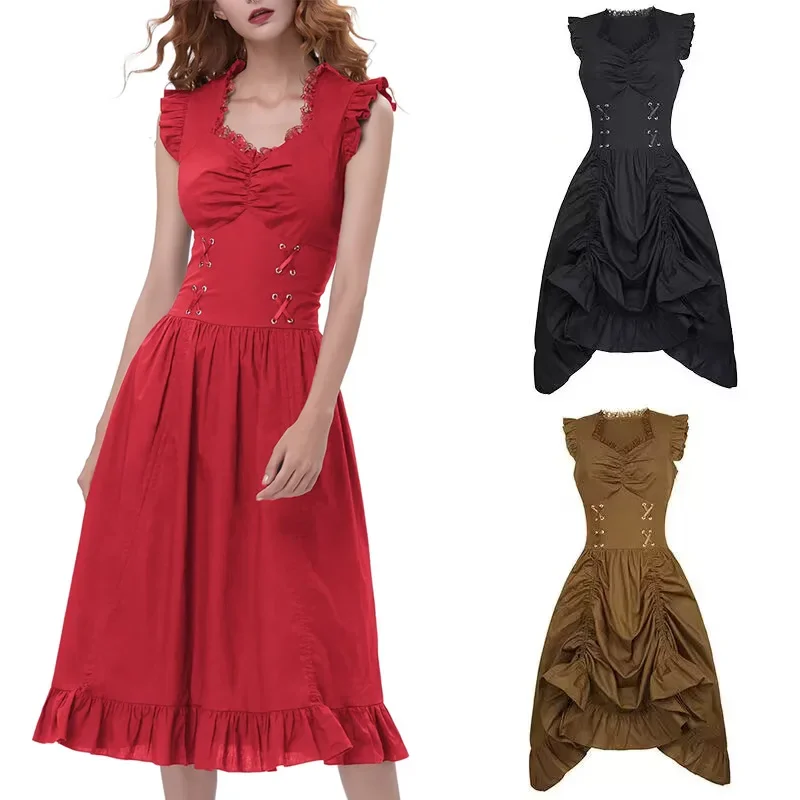 

Steampunk Women Dress Gothic Medieval Victorian Sleeveless Ruffles Ladies Big Swing Bandage Elegant Party Clothing