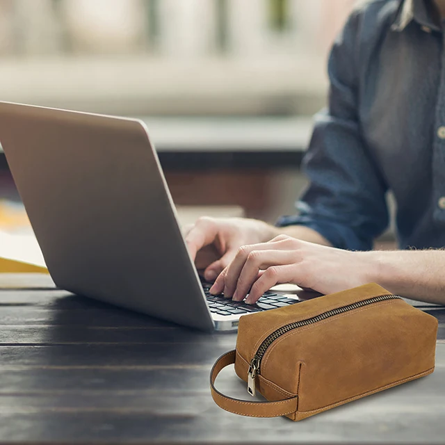 Kapcsolatfelvétel Valódi Bőr Férfi Kis Kozmetikai Táska Alkalmi Hordozható Smink Borító Mini Utazási Tároló Laptop Kiegészítőkhöz - Image 3