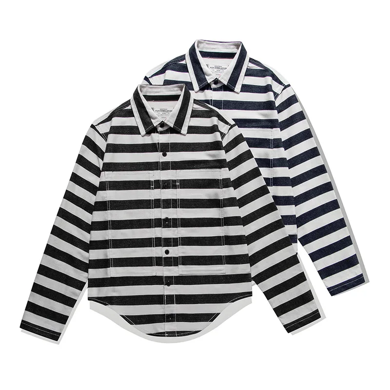 

Autumn New American Retro Long Sleeve Lapel Striped Cargo Shirt Men's 100% Cotton Heavyweight Motorcycle Prison Loose Blouses