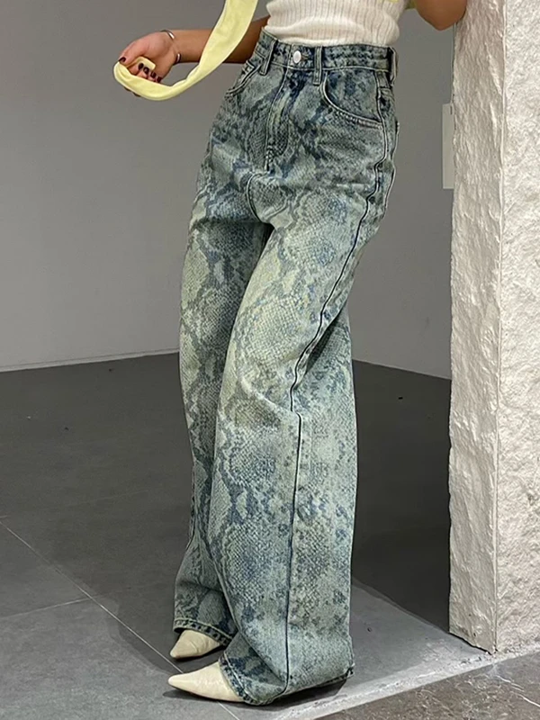Romore High Street Lazy Snake Print Loose Wide Leg Pants Waed Denim Long Trousers Loose Fit l Waist Spring Summer Blue