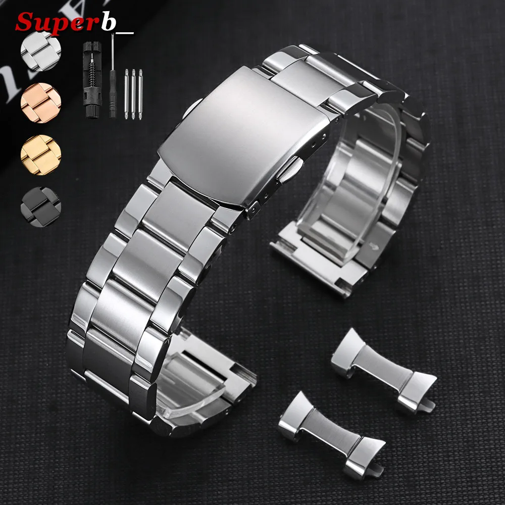 Elegant Curved End Gold Stainless Steel Watch Strap with Double Press Safety Clasp
