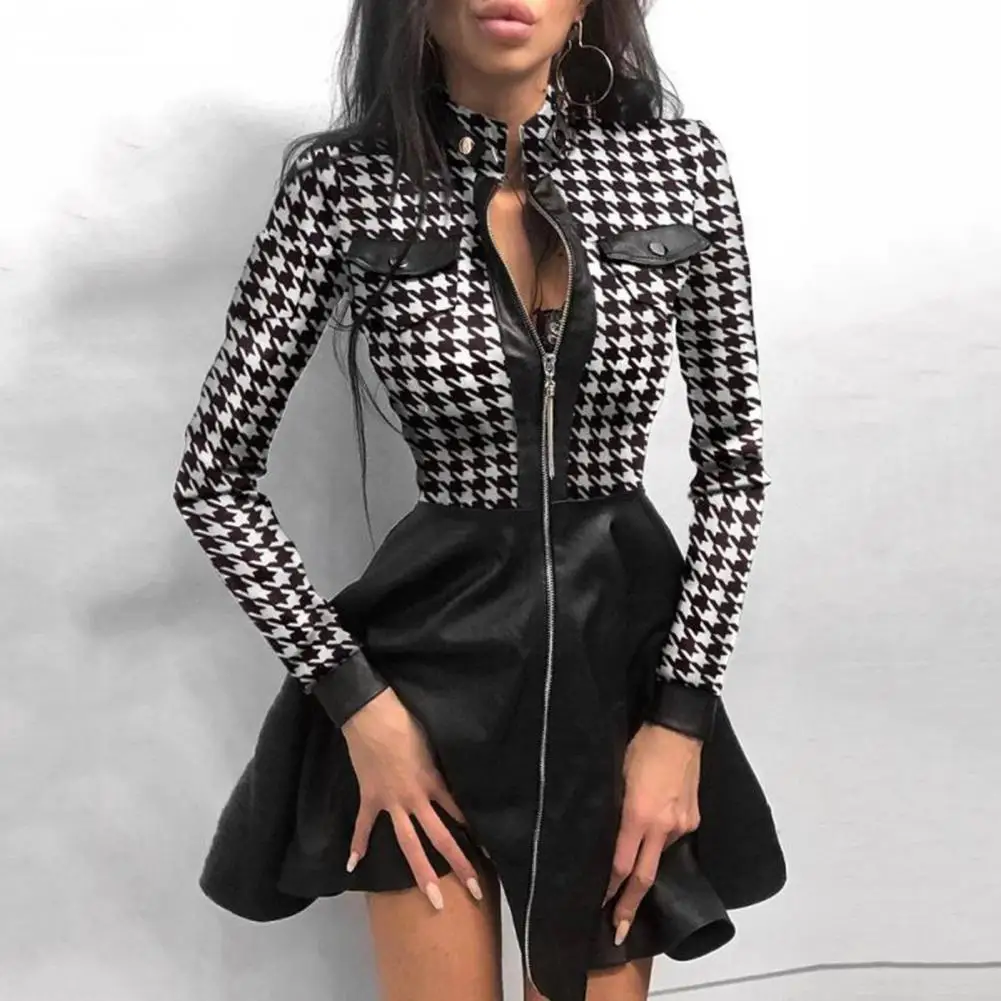 

A-line Dress with Plaid Print Stylish Plaid Printed A-line Dress Elegant Faux Leather Fashion for Women's Daily Wear Women