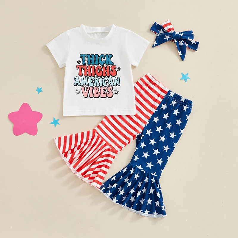 

2024-03-06 Lioraitiin 6M-4Y Toddler Baby Girl 4th of July Outfits Short Sleeve T-Shirt + Flare Pants + Headband Set Clothes