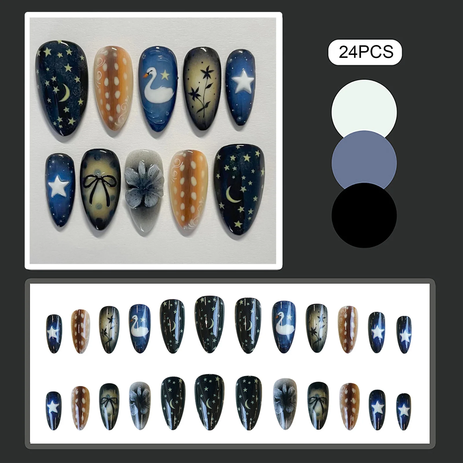 24Pcs 가짜 손톱 광택 블랙 프레스 온 네일 스완 프린트 가짜 손톱 여성용 네..