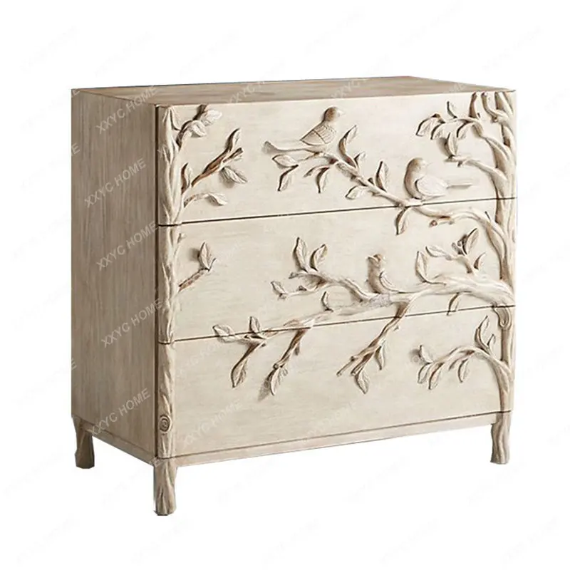 

Solid Wood Carving Three-Bucket Cabinet Vintage Distressed Curio Cabinet Bedside Table Home