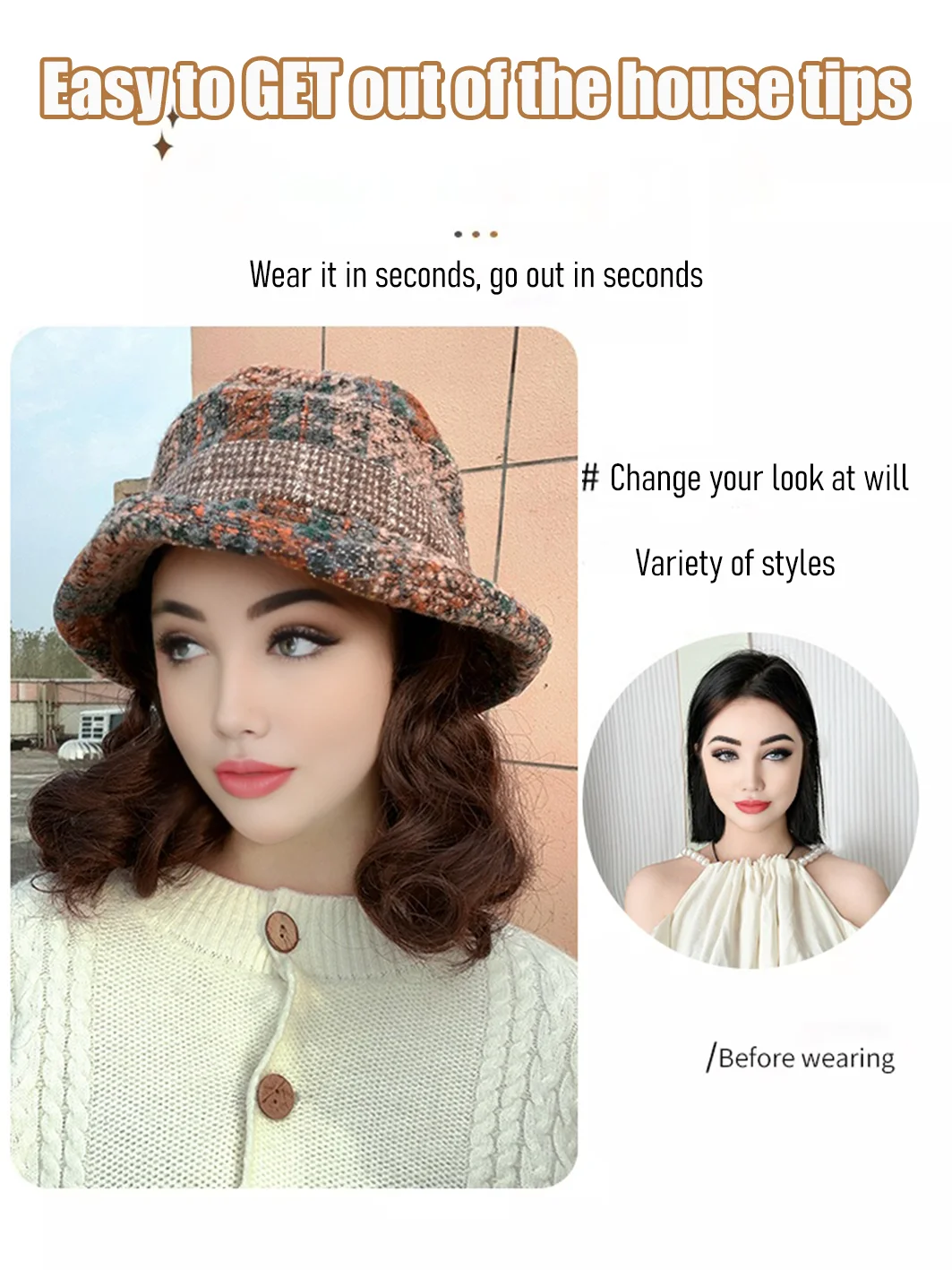 Synthetic 6inch Blue Bow Fisherman's Hat Slouchy Curl Wig Brown Princess Curl Lo Coldproof Warm Horse Roll Christmas Gift