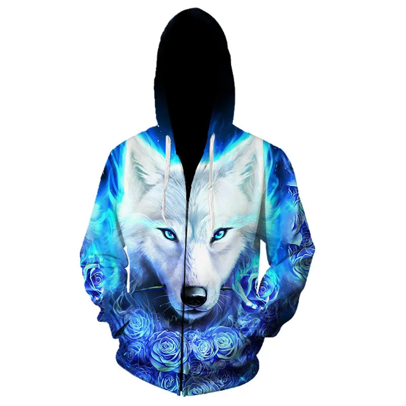 thumbnail image 1 of Sudadera con capucha para hombre de primavera y otoño con estampado de lobo Harajuku en 3D, cárdigan con cremallera y cordón de manga larga, 1 of 5