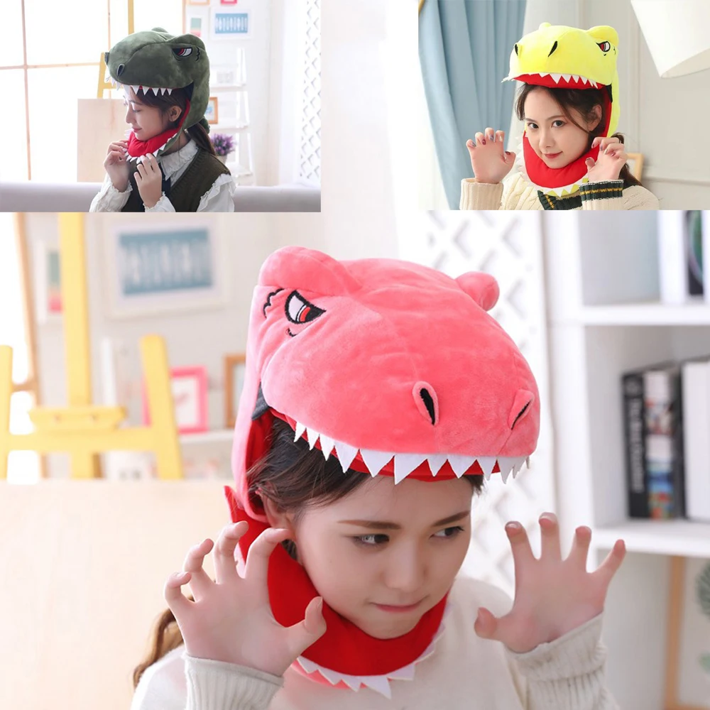Funny Cosplay Animal Dinosaur Head Cover Headwear Throw Pillow Plush Hat Costume Party Halloween Home Sofa Decor Ornament Props
