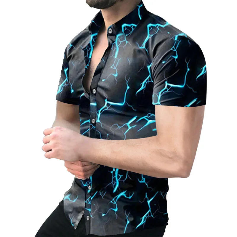 

2023 Summer new lightning shirt men's novelty top street tight lapel single buckle super cool Hawaiian shirt oversized size 5XL