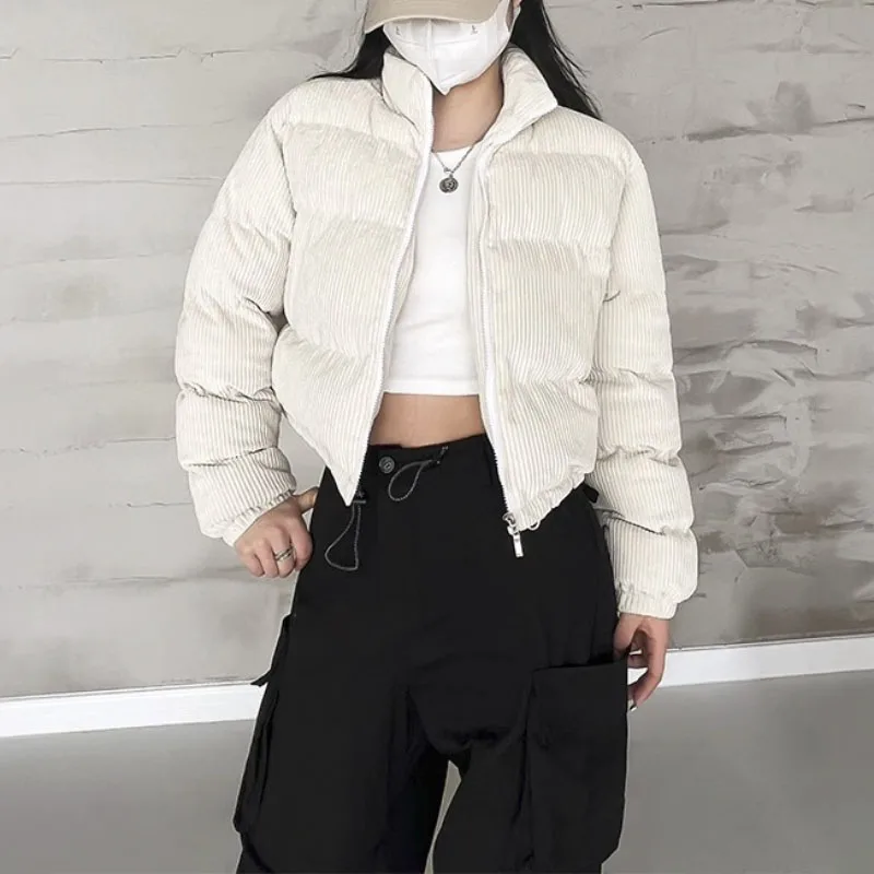 

New Autumn Winter Women's Cotton Coats Corduroy Turtleneck Female Parkas Loose Trendy Ladies Outerwear Solid Short Jackets