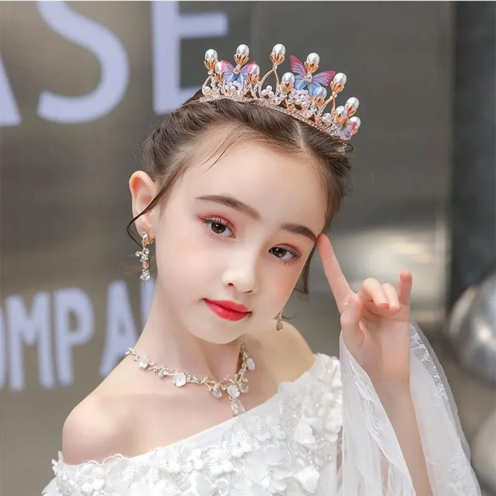 Crystal Pearl Princess Crown Handmade Rhinestone Tiaras for Girls Birthday Wedding Party Hairband Butterfly Decor Festive Gifts