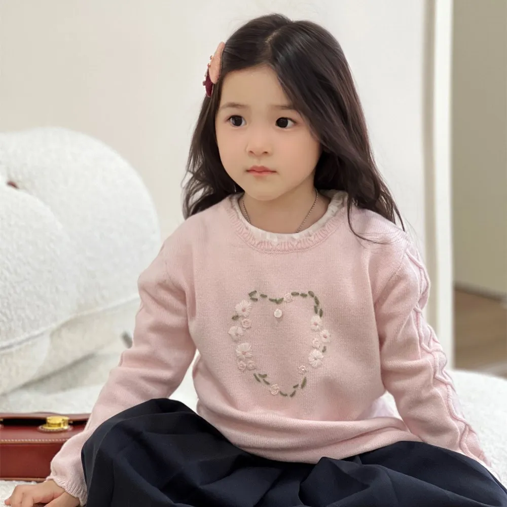 

baby girls sweaters sweet pink Knitted pullover Handmade crochet flower 50% wool blended sweater