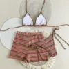 sexy knitted striped halter tie bikinis sets three pieces with shorts swimsuits beachwear bathing suit swimwear biquini tankini 2