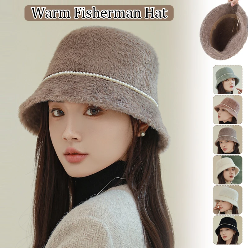 

Female Winter Furry Velvet Bucket Hat Soft Plush Women Warm Fisherman Panama Cap Outdoor Fluffy Vintage Basin Hats