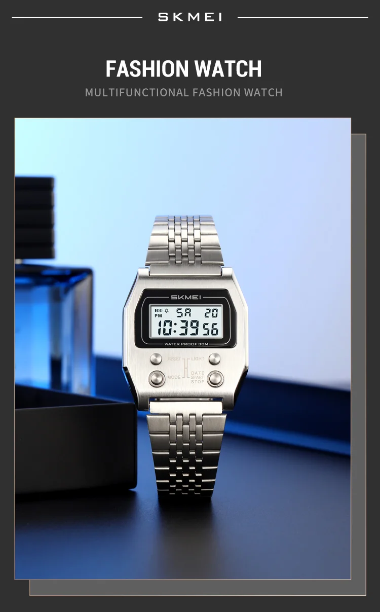 Herrklocka digital rostfritt stål sport retro led vattentät_voghion.com