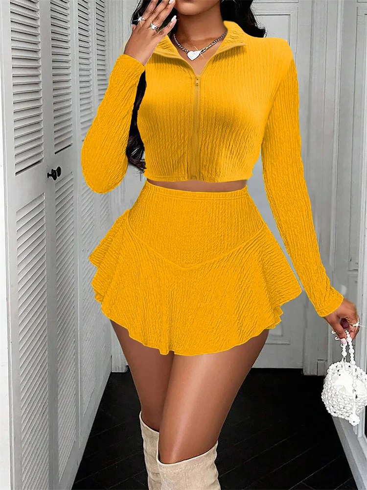 Wmstar  Two Piece Set Women Wholesale Solid  Zipper Long Sleeve Top Ruffled Trouser Skirt and Half Skirt Set Fall Matching Suit