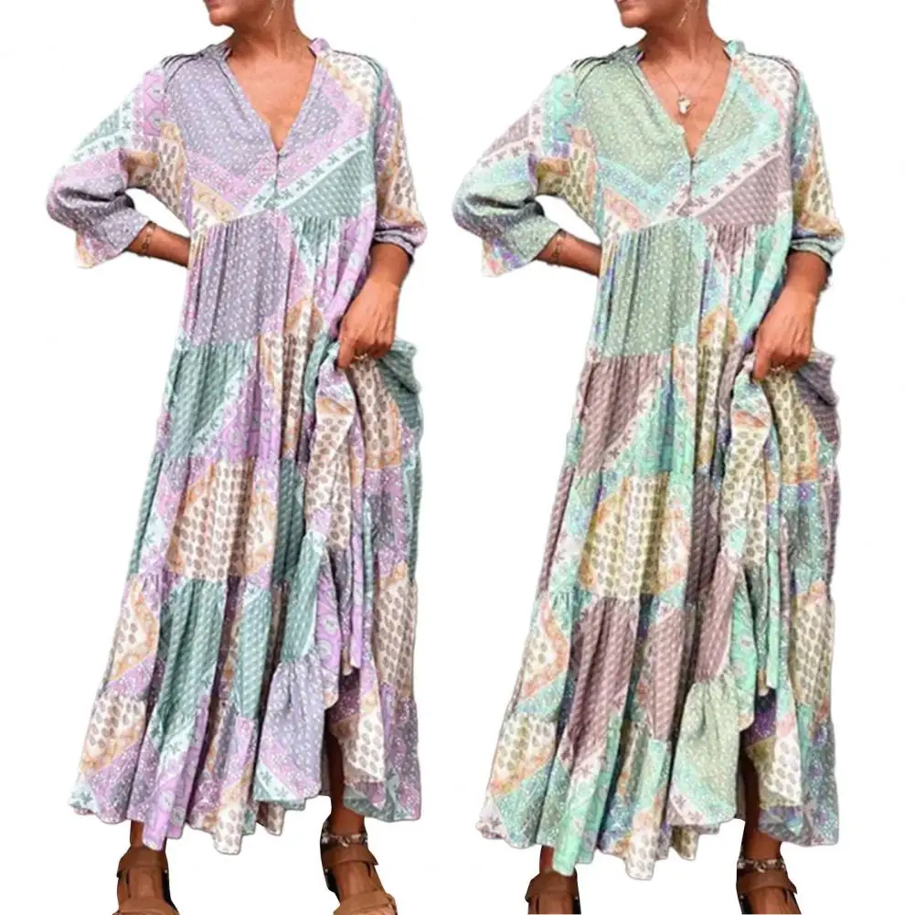 

Women V-neck Half Placket Maxi Dress Fashion Printed Half Sleeve Ruffle Stitching Flowy Hem Long Dresses vestidos para mujer