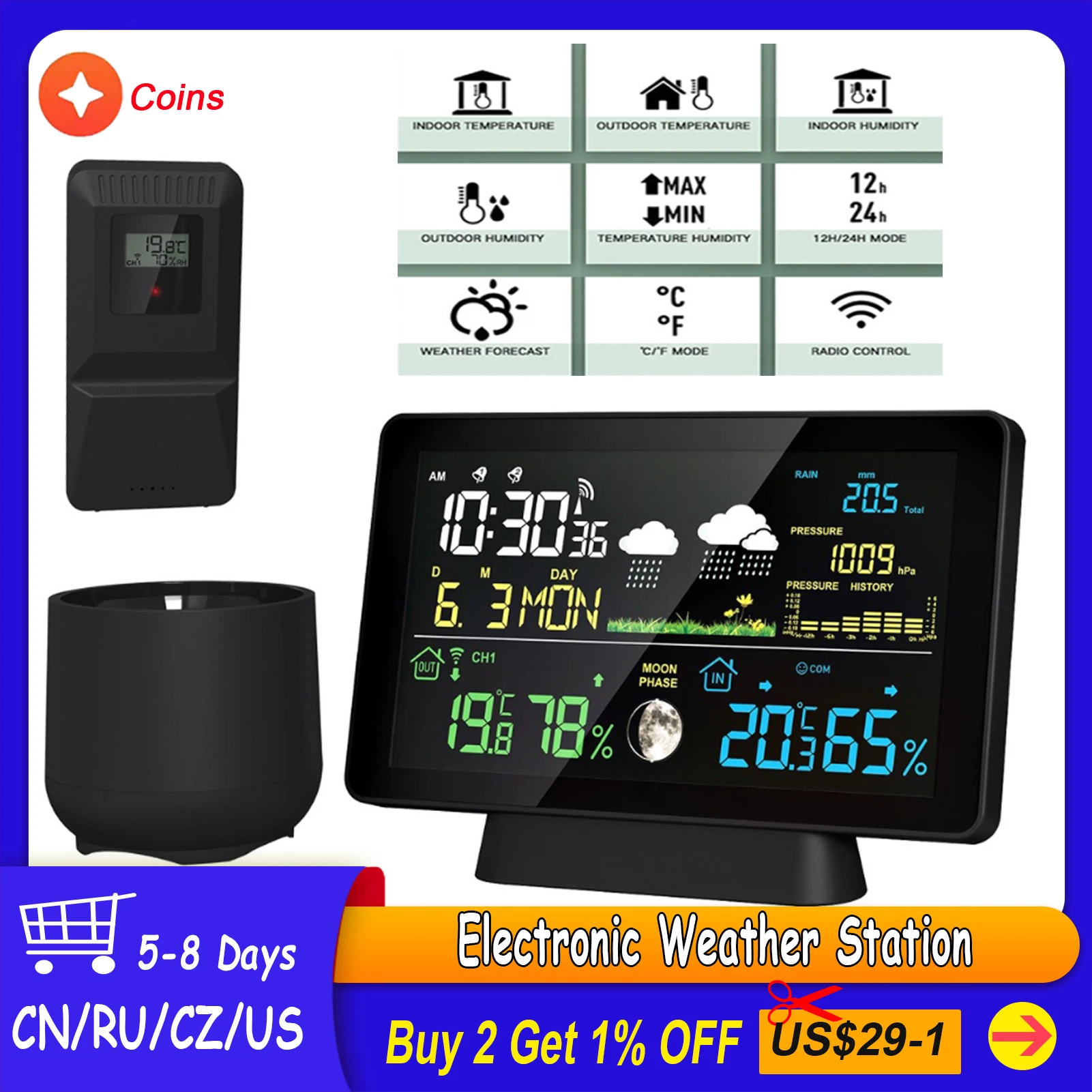 Electronic Weather Station Intelligent Color Screen Clock Temperature