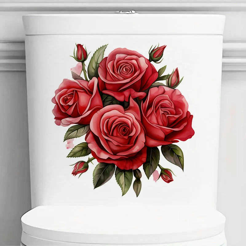 90866# Abstract Red Rose Toilet Sticker, Durable Material, Perfect for Home Wall Decor, Aesthetic Room Decoration