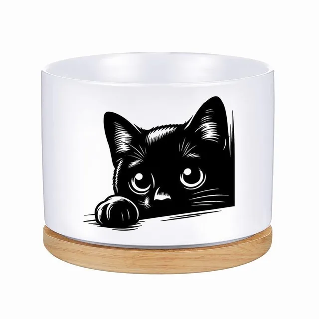 Black Cat Patterned Ceramic Flowerpot with Tray for Home Office Decor Gift for Plant Lovers Family Friend (excluding Plants) 6