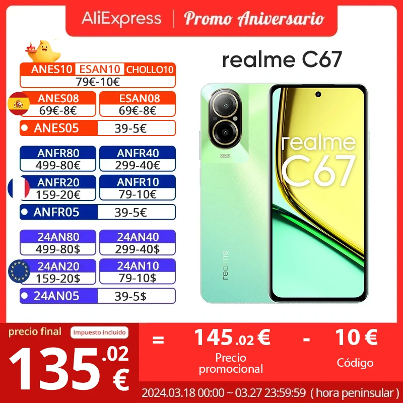 150.16€ 36% OFF|Realme C67 C 67 globale Version 108MP Haupt kamera Snapdragon 6,72 5000 Zoll Display 33W Super vooc Ladung mAh Batterie mobil| | - AliExpress