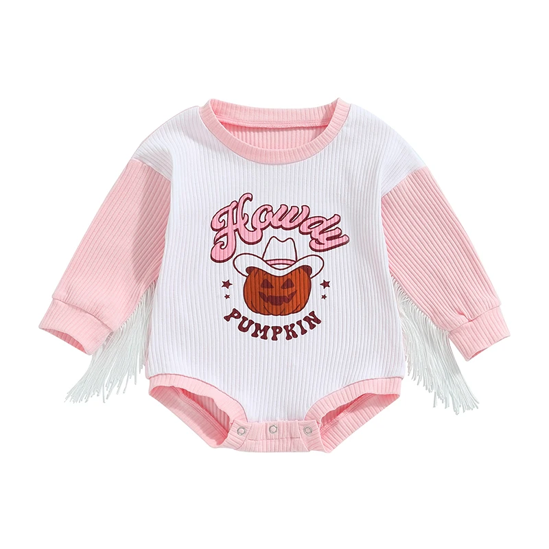 

Baby Girls Halloween Casual Romper Long Sleeve Letter Pumpkin Print Contrast Color Playsuit