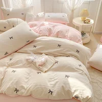 Ensemble de draps 3 pièces, housse de couette brodée avec nœud papillon rose, ensemble de literie confortable, couvre-lit pour toutes les saisons 1