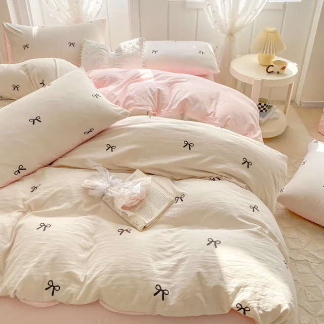 Ensemble de draps 3 pièces, housse de couette brodée avec nœud papillon rose, ensemble de literie confortable, couvre-lit pour toutes les saisons 1