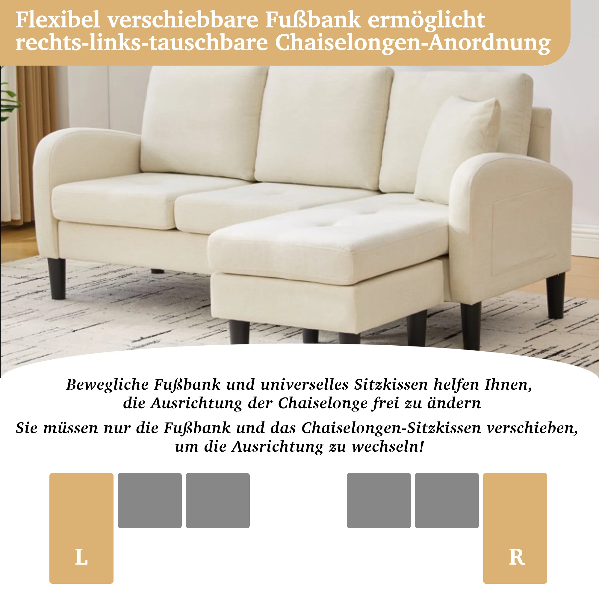 KOMHTOM L Formiges Ecksofa Mit Chaiselongue 3 Sitzer Sofa Atmungsaktiver Baumwoll Leinenstoff Kunststoffbeine Modulares Design – Detail 14