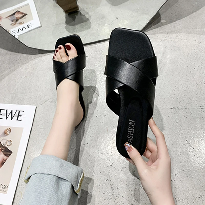 

Women Slippers Square Head Cross Lazy Shoes Simple Hollow Flats 2022 New Cozy Home Slides Outdoor Summer Fashion Shoes Sandalias