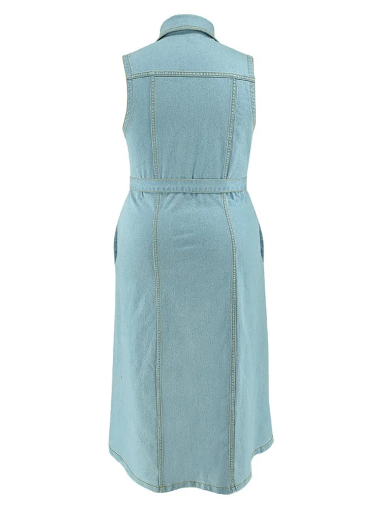 Wmstar Denim Plus Size Dresses for Women Summer 2024 Solid Button Elegant Shirts Maxi Dress Wholesale Dropshipping with Bandage