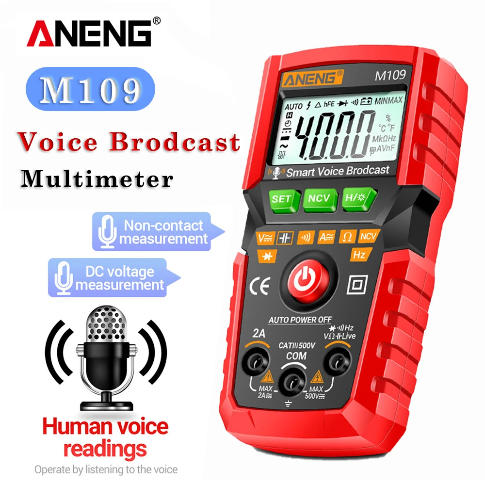 

ANENG M109 Digital Multimeter 4000 count AC/DC Voice Broadcast Electrical Instruments Tester Auto Multimetro Profesional Meter