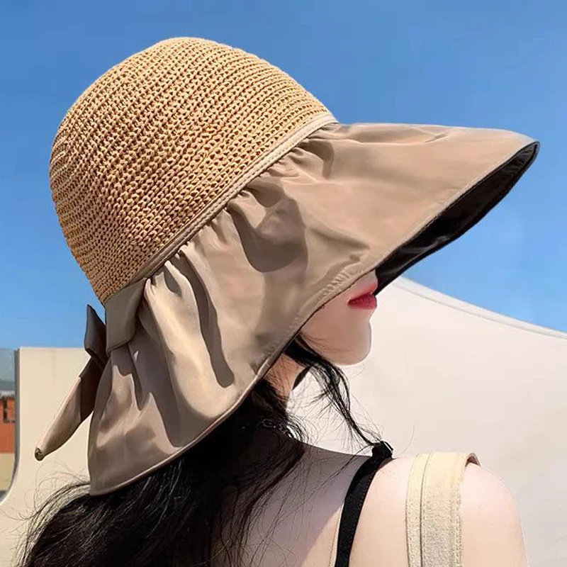 Fashionable Sun Hat Women Summer UV Protection Cover Face With Large Brim Bow Fisherman Hat