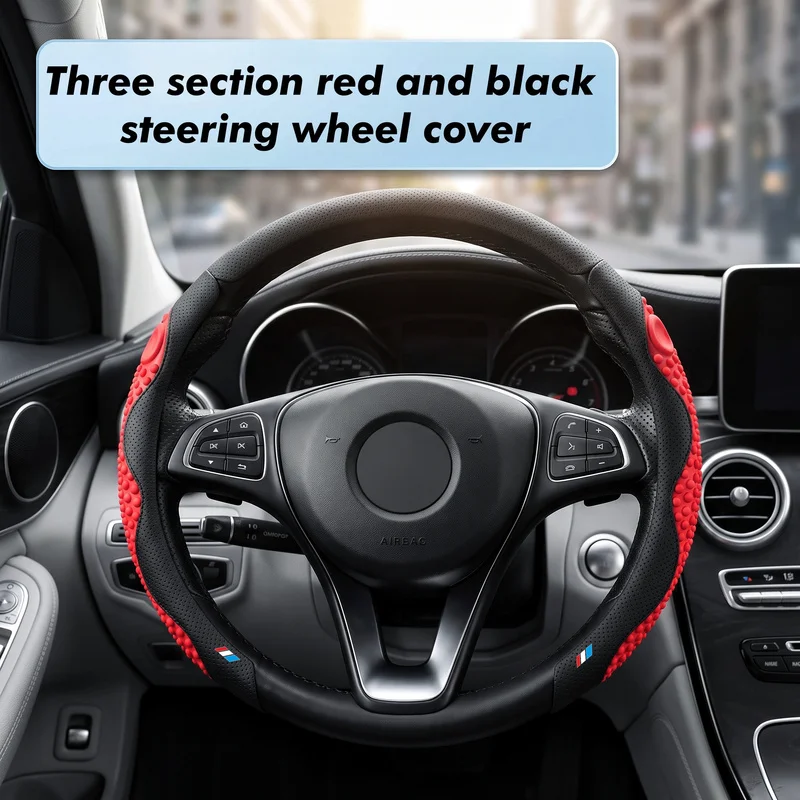 Tri-Color Comfort Grip Car Steering Wheel Cover with Red Massage Accents